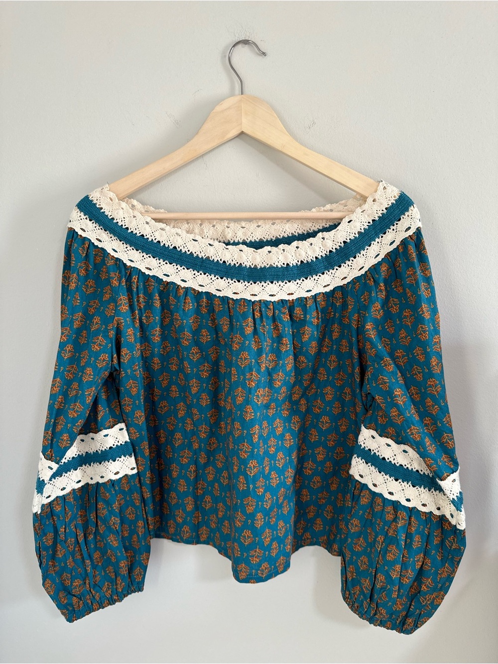 Luna Moon Teal Floral Lace Trim Peasant Blouse - Cottage Prairie